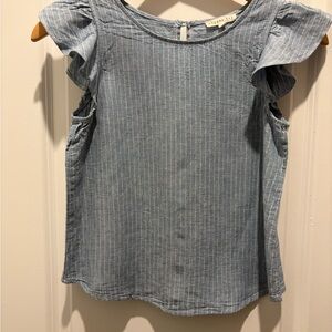 Copper Key Light Blue Pinstripe Blouse with Ruffle Sleeves